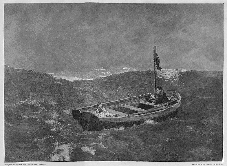 Small boat lost at sea, artist C Leipold, image ex vintage-views.com 