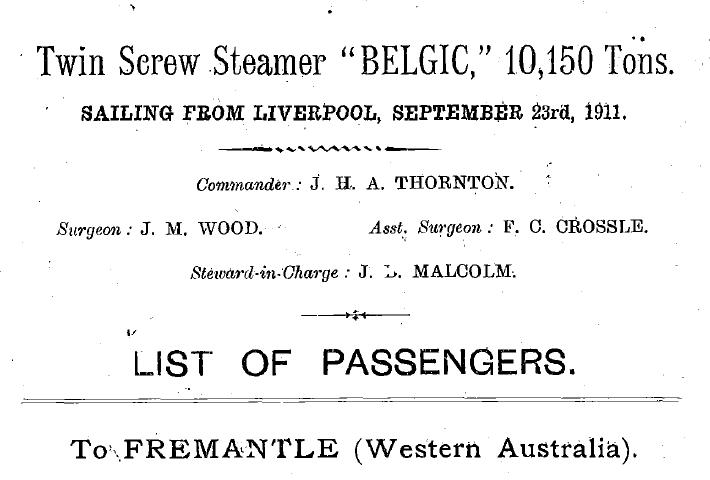Belgic Passenger List Fremantle 1911